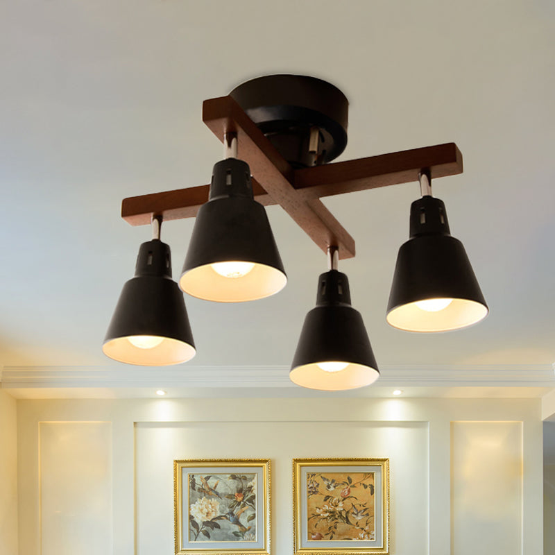 Lodge Tapered Rotatable Ceiling Fixture 4-Light Iron Semi Flush Mount Lighting in Black/White with Cross Wood Arm - Clearhalo - 'Ceiling Lights' - 'Close To Ceiling Lights' - 'Close to ceiling' - 'Semi-flushmount' - Lighting' - 1457053