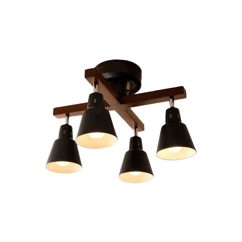 Lodge Tapered Rotatable Ceiling Fixture 4-Light Iron Semi Flush Mount Lighting in Black/White with Cross Wood Arm - Clearhalo - 'Ceiling Lights' - 'Close To Ceiling Lights' - 'Close to ceiling' - 'Semi-flushmount' - Lighting' - 1457054