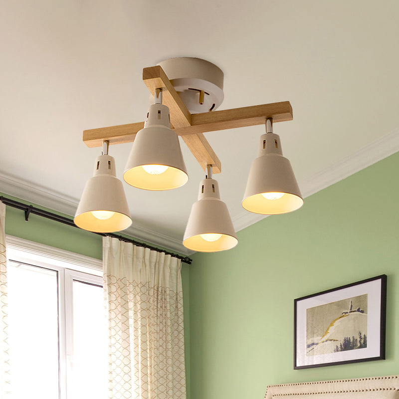 Lodge Tapered Rotatable Ceiling Fixture 4-Light Iron Semi Flush Mount Lighting in Black/White with Cross Wood Arm - Clearhalo - 'Ceiling Lights' - 'Close To Ceiling Lights' - 'Close to ceiling' - 'Semi-flushmount' - Lighting' - 1457057
