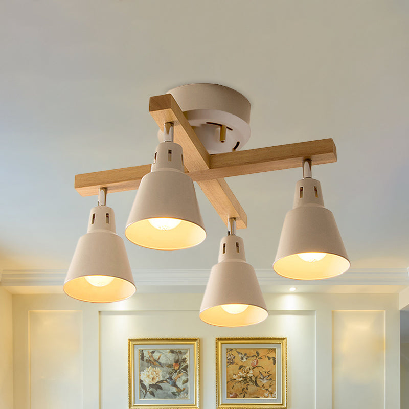 Lodge Tapered Rotatable Ceiling Fixture 4-Light Iron Semi Flush Mount Lighting in Black/White with Cross Wood Arm - Clearhalo - 'Ceiling Lights' - 'Close To Ceiling Lights' - 'Close to ceiling' - 'Semi-flushmount' - Lighting' - 1457058