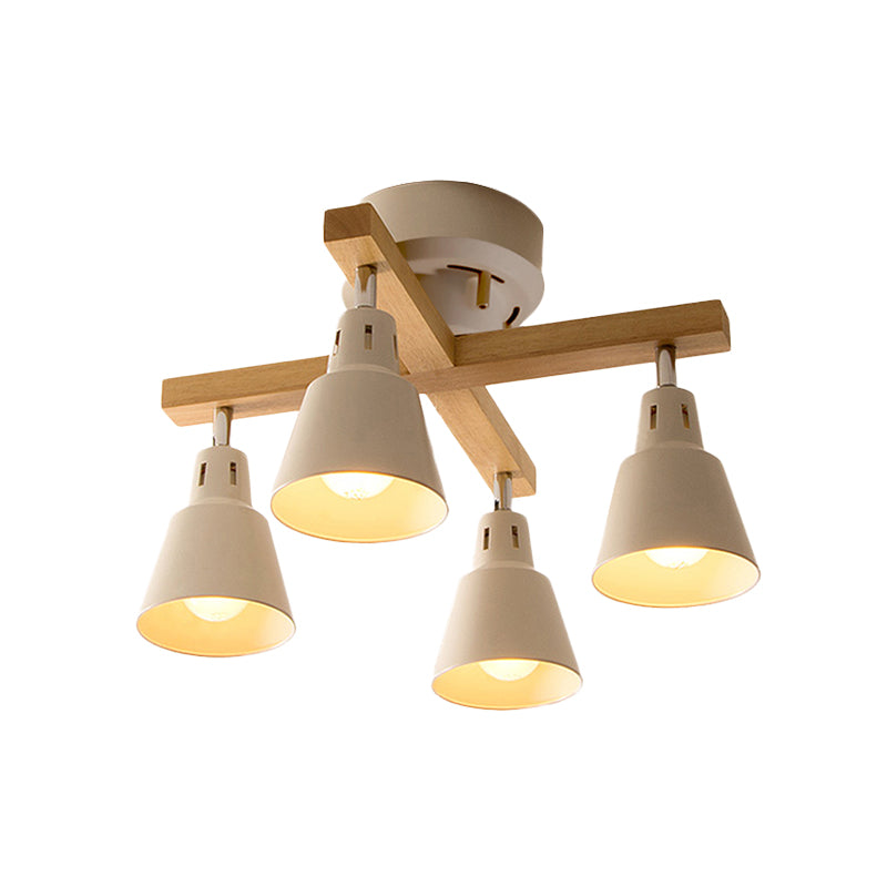 Lodge Tapered Rotatable Ceiling Fixture 4-Light Iron Semi Flush Mount Lighting in Black/White with Cross Wood Arm - Clearhalo - 'Ceiling Lights' - 'Close To Ceiling Lights' - 'Close to ceiling' - 'Semi-flushmount' - Lighting' - 1457059
