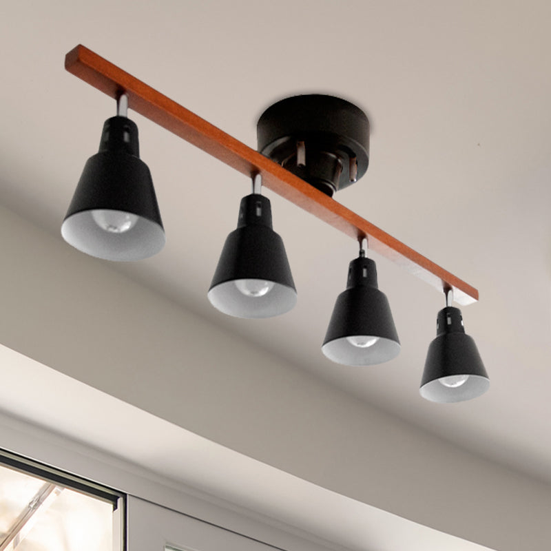 4 Bulbs Rotating Horn Flush Ceiling Light Nordic White/Black Iron Semi Mount Lighting with Wood Beam Arm Black Clearhalo 'Ceiling Lights' 'Close To Ceiling Lights' 'Close to ceiling' 'Semi-flushmount' Lighting' 1457060