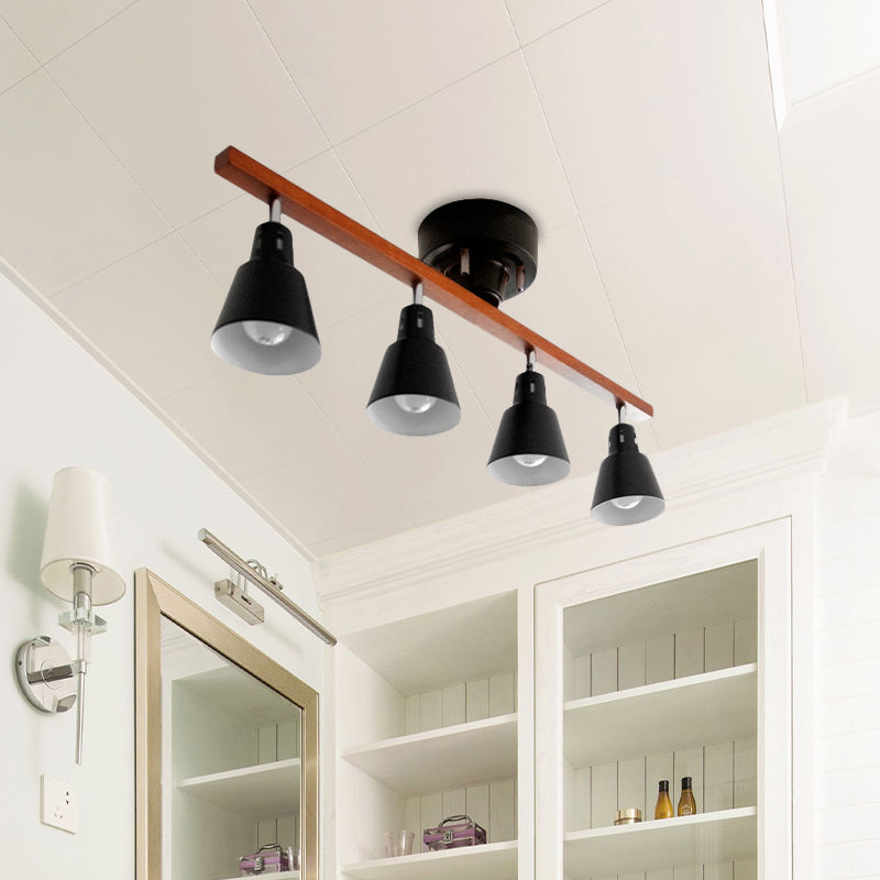 4 Bulbs Rotating Horn Flush Ceiling Light Nordic White/Black Iron Semi Mount Lighting with Wood Beam Arm Clearhalo 'Ceiling Lights' 'Close To Ceiling Lights' 'Close to ceiling' 'Semi-flushmount' Lighting' 1457061