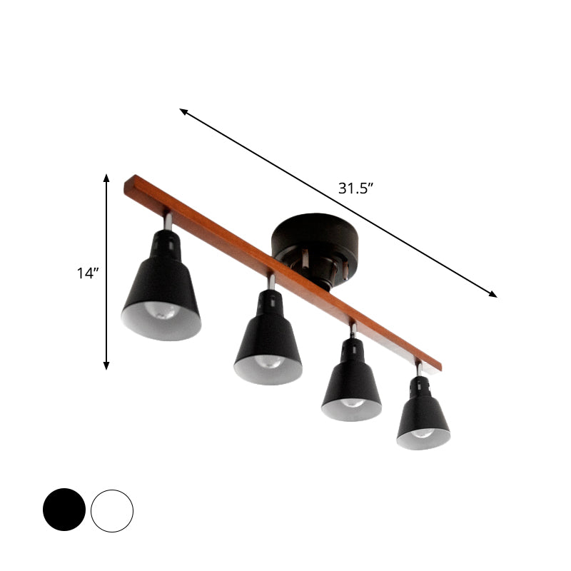 4 Bulbs Rotating Horn Flush Ceiling Light Nordic White/Black Iron Semi Mount Lighting with Wood Beam Arm Clearhalo 'Ceiling Lights' 'Close To Ceiling Lights' 'Close to ceiling' 'Semi-flushmount' Lighting' 1457064