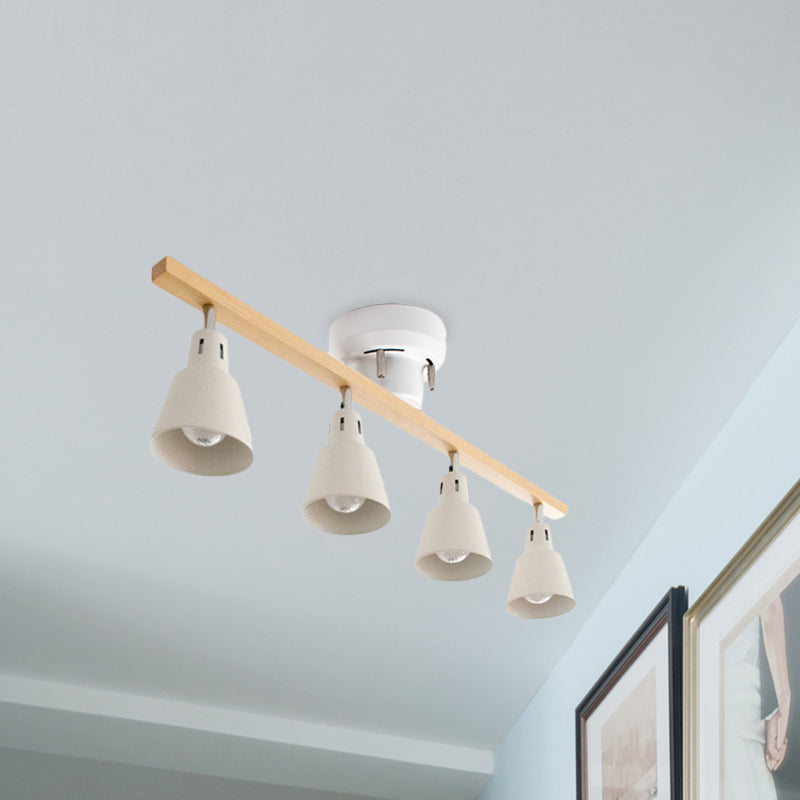 4 Bulbs Rotating Horn Flush Ceiling Light Nordic White/Black Iron Semi Mount Lighting with Wood Beam Arm Clearhalo 'Ceiling Lights' 'Close To Ceiling Lights' 'Close to ceiling' 'Semi-flushmount' Lighting' 1457066
