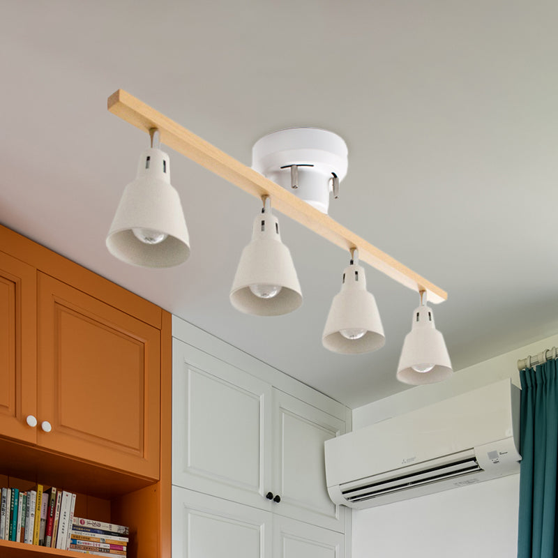4 Bulbs Rotating Horn Flush Ceiling Light Nordic White/Black Iron Semi Mount Lighting with Wood Beam Arm Clearhalo 'Ceiling Lights' 'Close To Ceiling Lights' 'Close to ceiling' 'Semi-flushmount' Lighting' 1457067