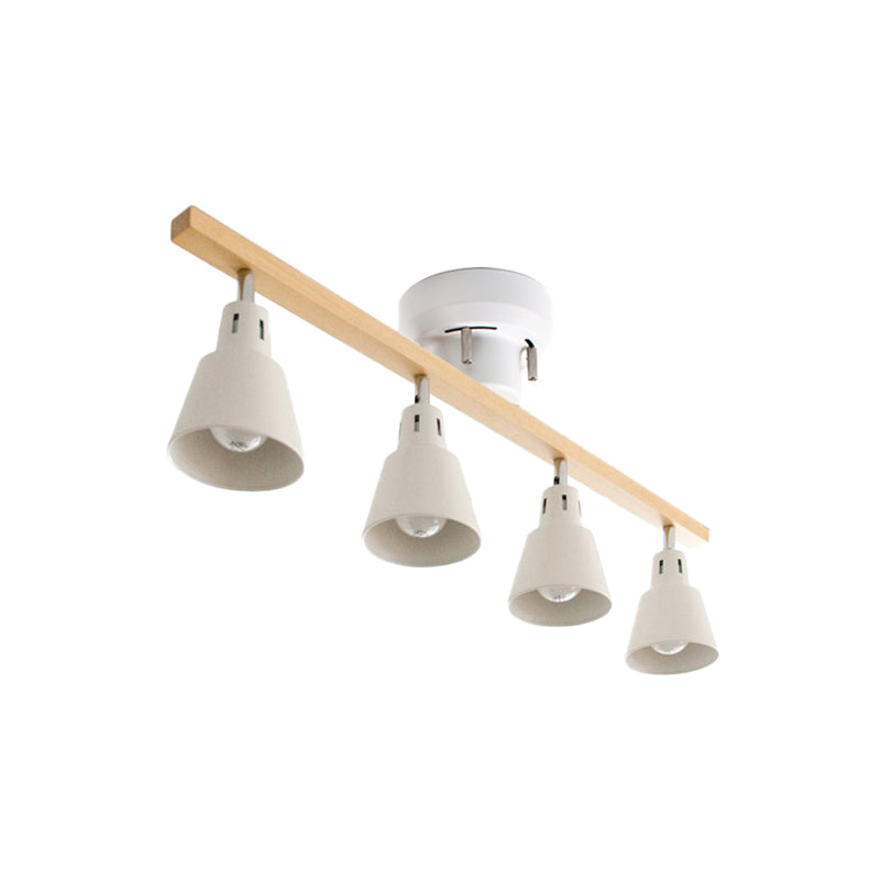 4 Bulbs Rotating Horn Flush Ceiling Light Nordic White/Black Iron Semi Mount Lighting with Wood Beam Arm Clearhalo 'Ceiling Lights' 'Close To Ceiling Lights' 'Close to ceiling' 'Semi-flushmount' Lighting' 1457068