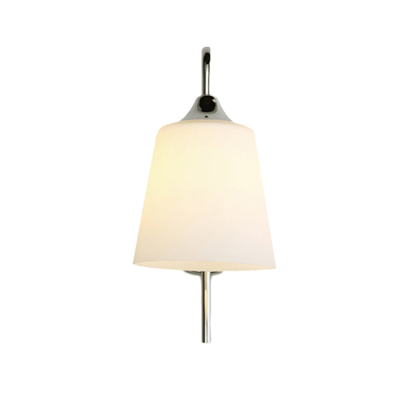 Bell Milk Glass Sconce Light Modernist 1 Light Chrome Wall Mounted Lamp with Curved Arm Clearhalo 'Cast Iron' 'Glass' 'Industrial' 'Modern wall lights' 'Modern' 'Tiffany' 'Traditional wall lights' 'Wall Lamps & Sconces' 'Wall Lights' Lighting' 145707