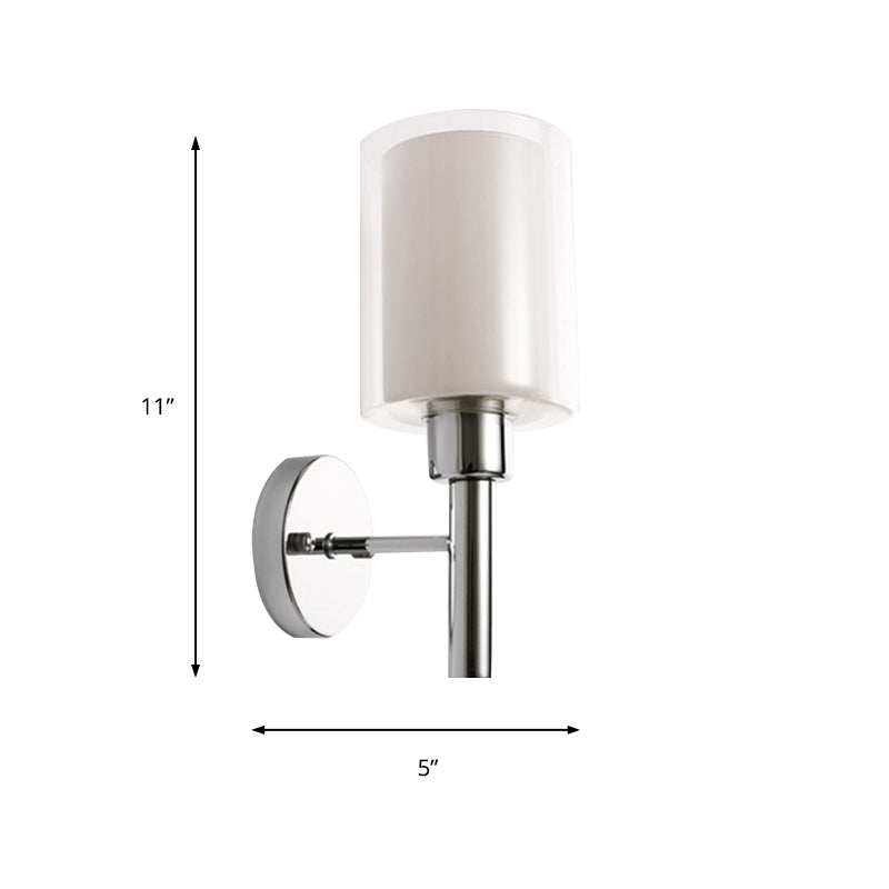 Modern Cylinder Wall Lighting Clear Glass 1 Light Chrome Wall Light with Inner White Glass Shade Clearhalo 'Cast Iron' 'Glass' 'Industrial' 'Modern wall lights' 'Modern' 'Tiffany' 'Traditional wall lights' 'Wall Lamps & Sconces' 'Wall Lights' Lighting' 145713
