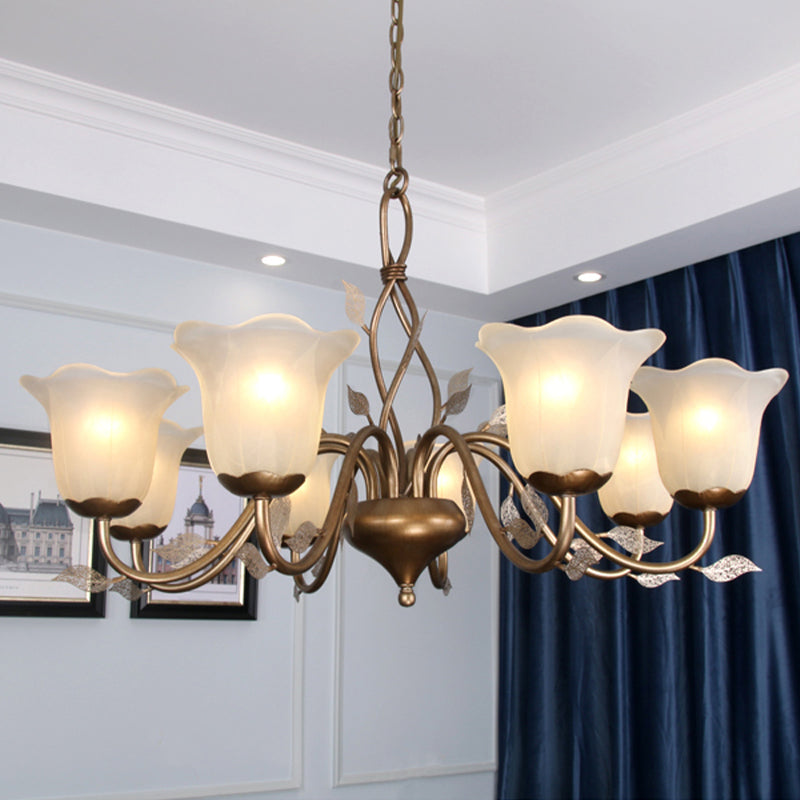 Coffee 3/6/8 Bulbs Chandelier Lamp Vintage Frosted Glass Blossom Hanging Ceiling Light with Leaf Decor Clearhalo 'Ceiling Lights' 'Chandeliers' Lighting' options 1457131