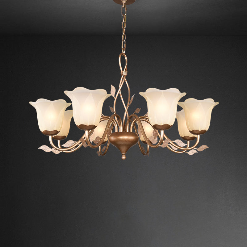 Coffee 3/6/8 Bulbs Chandelier Lamp Vintage Frosted Glass Blossom Hanging Ceiling Light with Leaf Decor Clearhalo 'Ceiling Lights' 'Chandeliers' Lighting' options 1457132