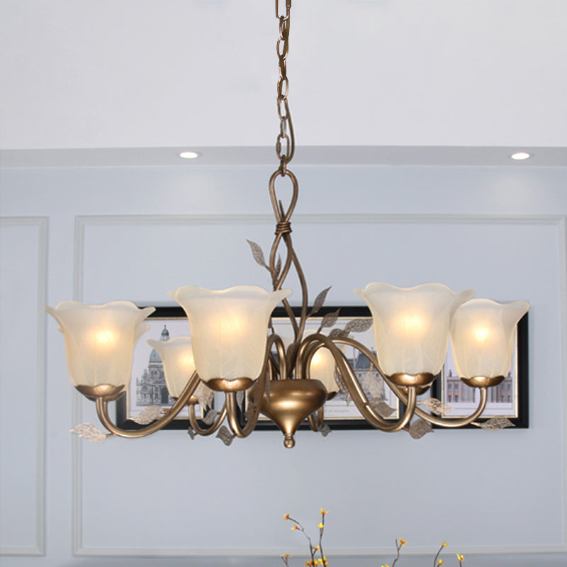 Coffee 3/6/8 Bulbs Chandelier Lamp Vintage Frosted Glass Blossom Hanging Ceiling Light with Leaf Decor Clearhalo 'Ceiling Lights' 'Chandeliers' Lighting' options 1457133