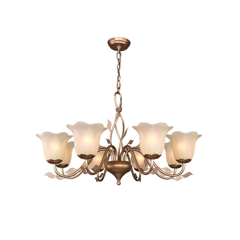Coffee 3/6/8 Bulbs Chandelier Lamp Vintage Frosted Glass Blossom Hanging Ceiling Light with Leaf Decor Clearhalo 'Ceiling Lights' 'Chandeliers' Lighting' options 1457134