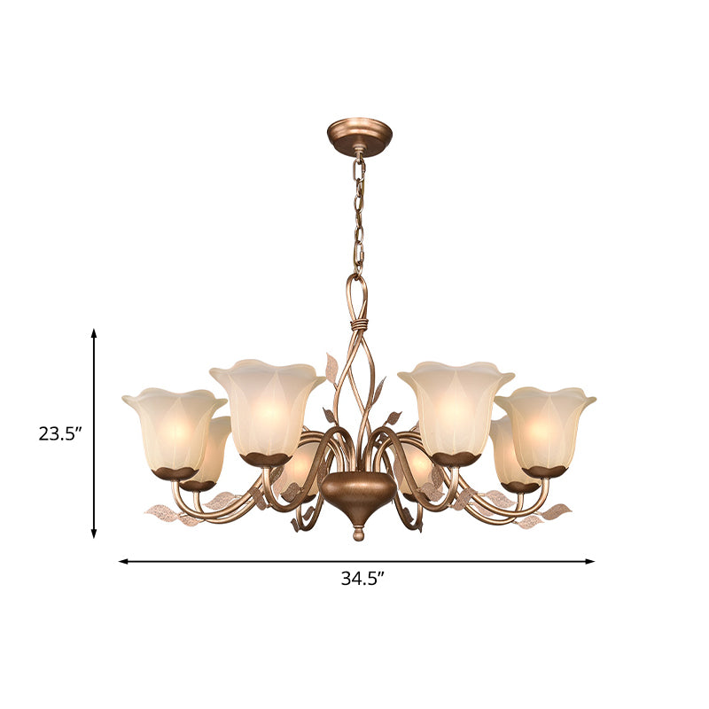 Coffee 3/6/8 Bulbs Chandelier Lamp Vintage Frosted Glass Blossom Hanging Ceiling Light with Leaf Decor Clearhalo 'Ceiling Lights' 'Chandeliers' Lighting' options 1457135