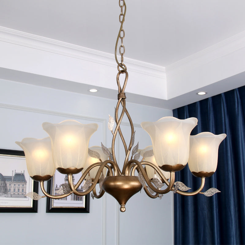 Coffee 3/6/8 Bulbs Chandelier Lamp Vintage Frosted Glass Blossom Hanging Ceiling Light with Leaf Decor 6 Coffee Clearhalo 'Ceiling Lights' 'Chandeliers' Lighting' options 1457136_197c791b-16c0-489f-a266-df99a7c53bf7