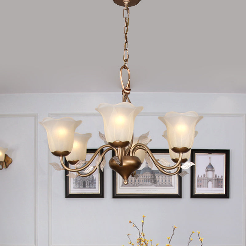 Coffee 3/6/8 Bulbs Chandelier Lamp Vintage Frosted Glass Blossom Hanging Ceiling Light with Leaf Decor Clearhalo 'Ceiling Lights' 'Chandeliers' Lighting' options 1457137