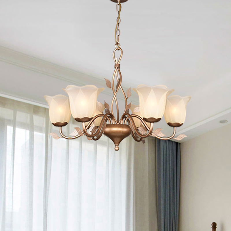 Coffee 3/6/8 Bulbs Chandelier Lamp Vintage Frosted Glass Blossom Hanging Ceiling Light with Leaf Decor Clearhalo 'Ceiling Lights' 'Chandeliers' Lighting' options 1457138