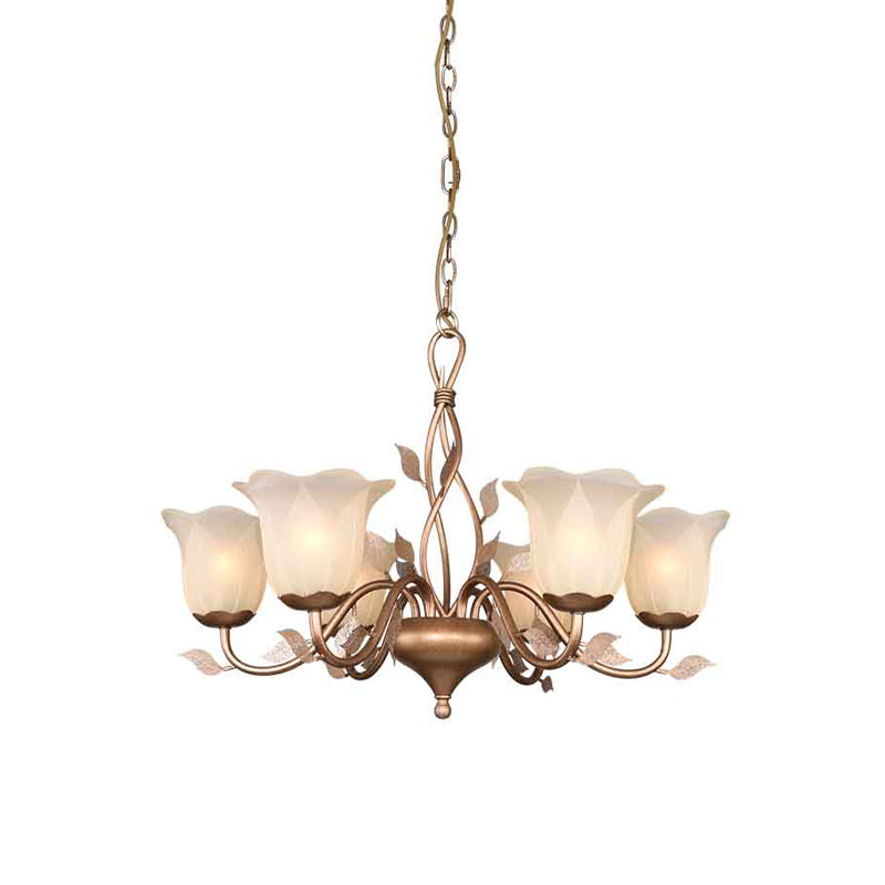 Coffee 3/6/8 Bulbs Chandelier Lamp Vintage Frosted Glass Blossom Hanging Ceiling Light with Leaf Decor Clearhalo 'Ceiling Lights' 'Chandeliers' Lighting' options 1457139
