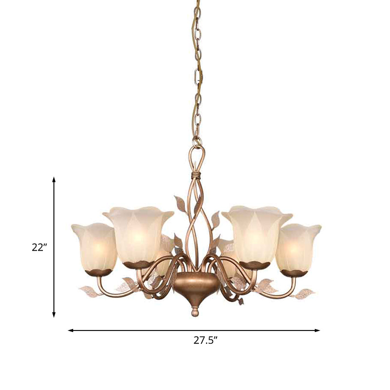 Coffee 3/6/8 Bulbs Chandelier Lamp Vintage Frosted Glass Blossom Hanging Ceiling Light with Leaf Decor Clearhalo 'Ceiling Lights' 'Chandeliers' Lighting' options 1457140