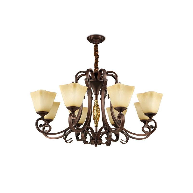 Pyramid Living Room Chandelier Lighting Antique Beige Glass 6/8 Heads Brown Suspension Light Clearhalo 'Ceiling Lights' 'Chandeliers' Lighting' options 1457163