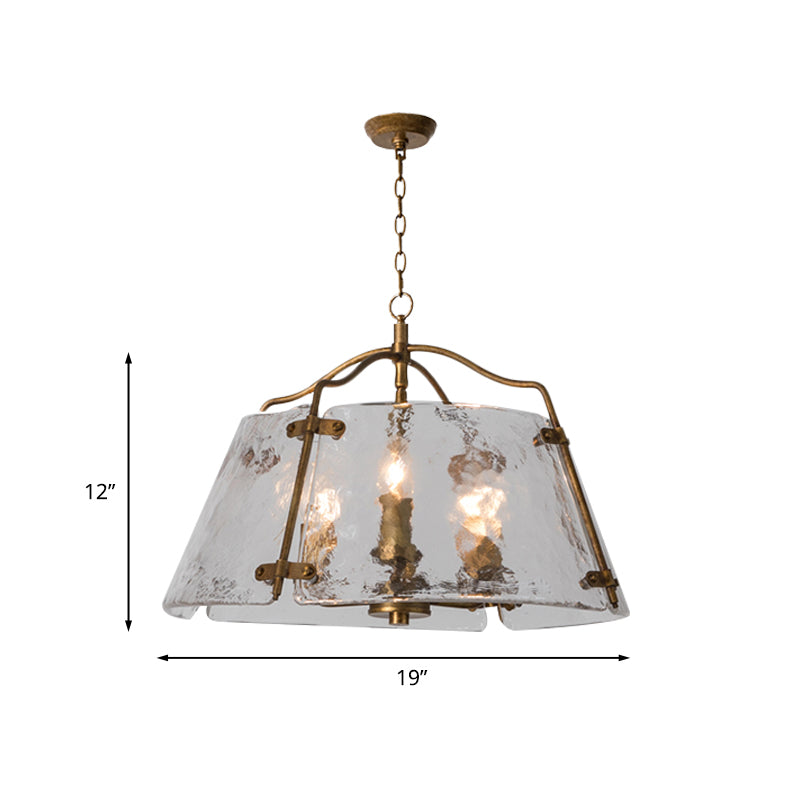 Brass Conic Chandelier Light Fixture Vintage Clear Ripple Glass 3/5 Lights Dining Room Ceiling Lamp Clearhalo 'Ceiling Lights' 'Chandeliers' 'Close To Ceiling Lights' 'Glass shade' 'Glass' 'Island Lights' Lighting' 1457169
