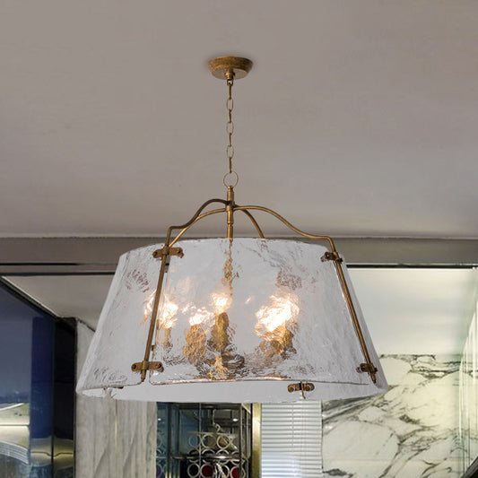 Brass Conic Chandelier Light Fixture Vintage Clear Ripple Glass 3/5 Lights Dining Room Ceiling Lamp 5 Brass Clearhalo 'Ceiling Lights' 'Chandeliers' 'Close To Ceiling Lights' 'Glass shade' 'Glass' 'Island Lights' Lighting' 1457170