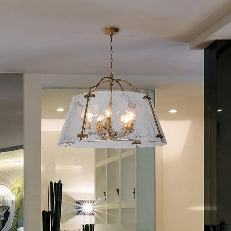 Brass Conic Chandelier Light Fixture Vintage Clear Ripple Glass 3/5 Lights Dining Room Ceiling Lamp Clearhalo 'Ceiling Lights' 'Chandeliers' 'Close To Ceiling Lights' 'Glass shade' 'Glass' 'Island Lights' Lighting' 1457171