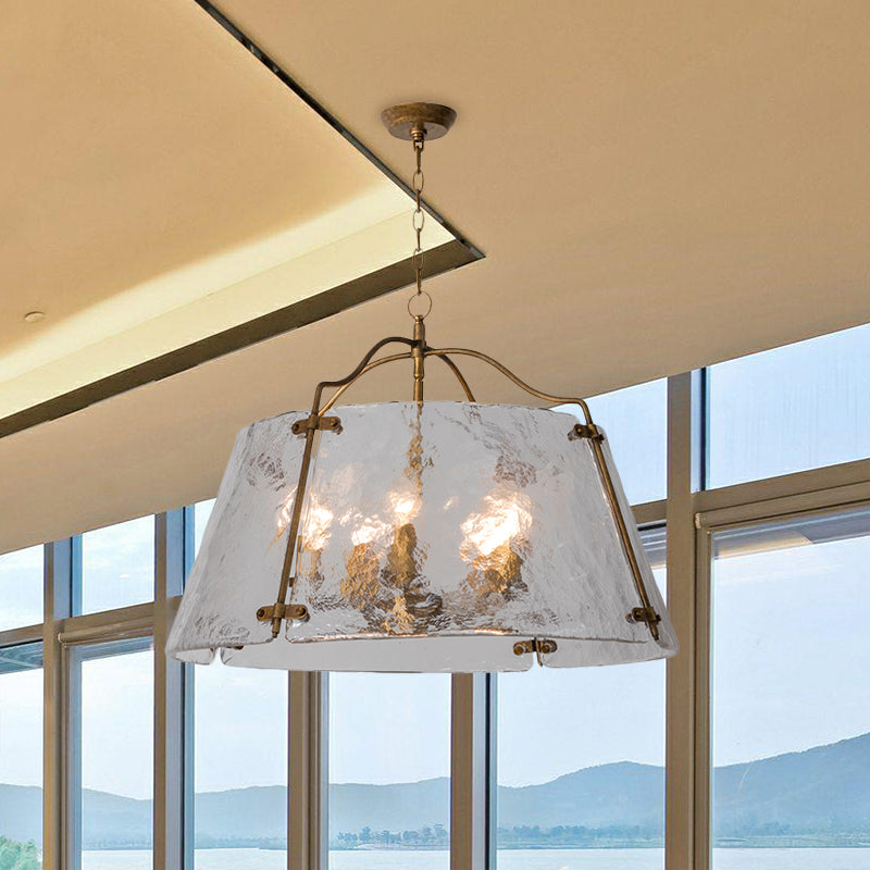 Brass Conic Chandelier Light Fixture Vintage Clear Ripple Glass 3/5 Lights Dining Room Ceiling Lamp Clearhalo 'Ceiling Lights' 'Chandeliers' 'Close To Ceiling Lights' 'Glass shade' 'Glass' 'Island Lights' Lighting' 1457172