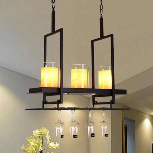 3/5 Heads Cylinder Island Light Traditional Black Marble Pendant Lighting Fixture with Metal Wine Glass Rack 3 Black Clearhalo 'Ceiling Lights' 'Island Lights' Lighting' 1457180