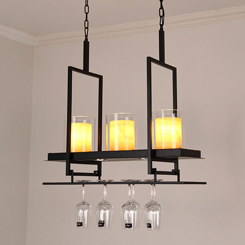 3/5 Heads Cylinder Island Light Traditional Black Marble Pendant Lighting Fixture with Metal Wine Glass Rack Clearhalo 'Ceiling Lights' 'Island Lights' Lighting' 1457182
