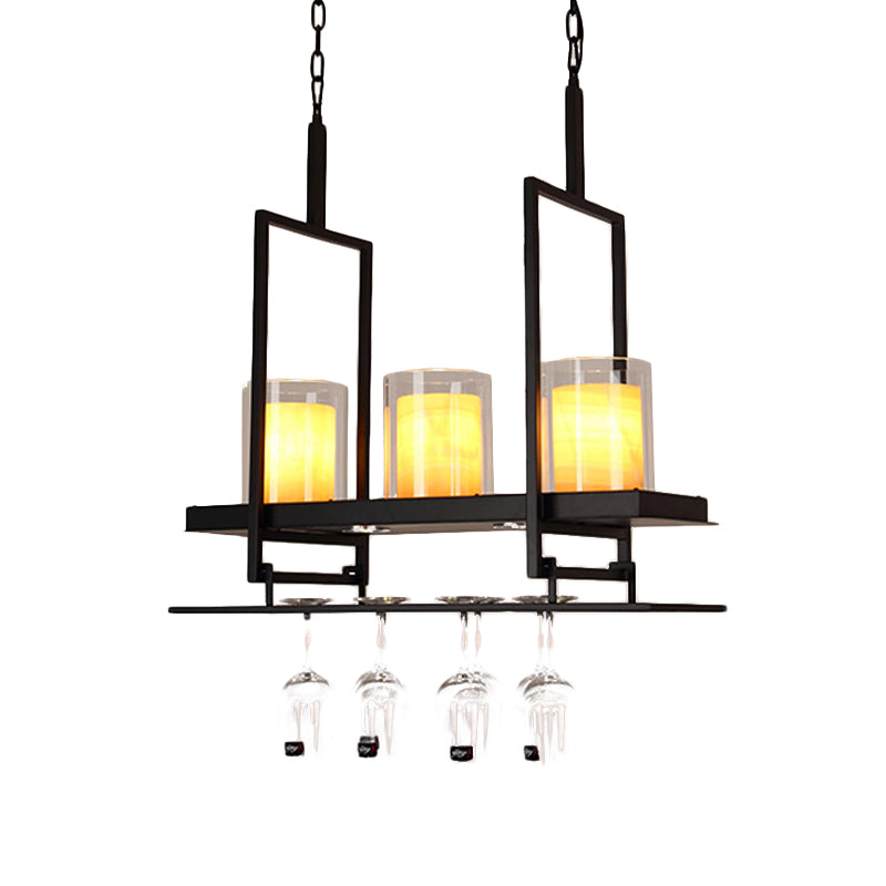 3/5 Heads Cylinder Island Light Traditional Black Marble Pendant Lighting Fixture with Metal Wine Glass Rack Clearhalo 'Ceiling Lights' 'Island Lights' Lighting' 1457183