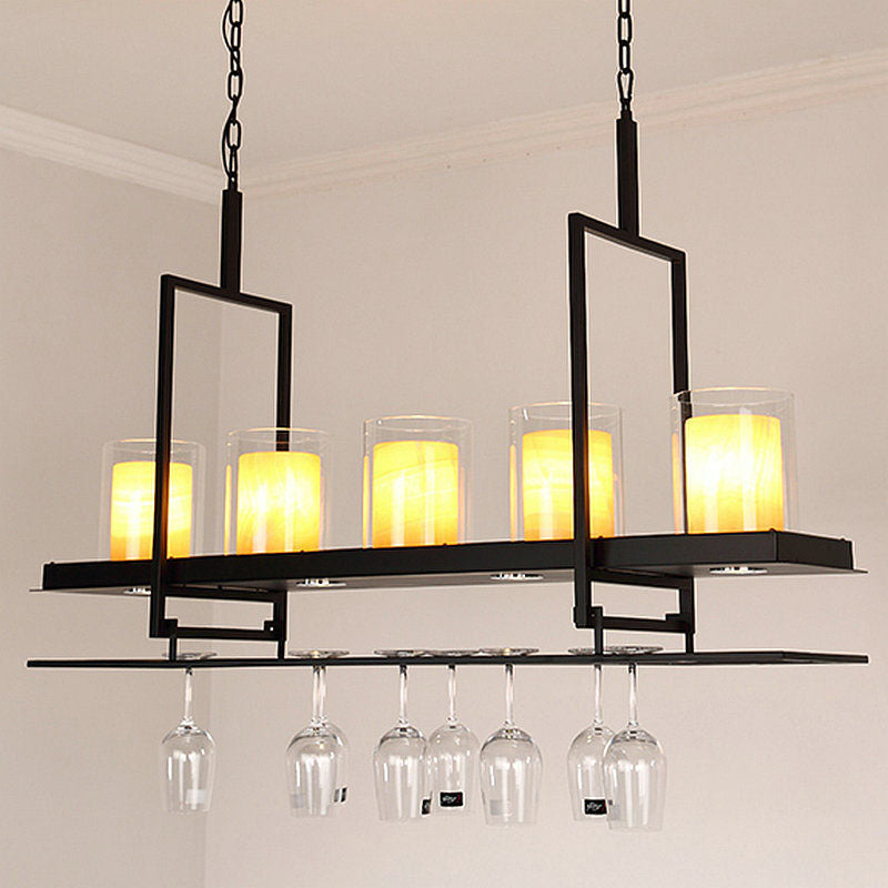 3/5 Heads Cylinder Island Light Traditional Black Marble Pendant Lighting Fixture with Metal Wine Glass Rack 5 Black Clearhalo 'Ceiling Lights' 'Island Lights' Lighting' 1457185