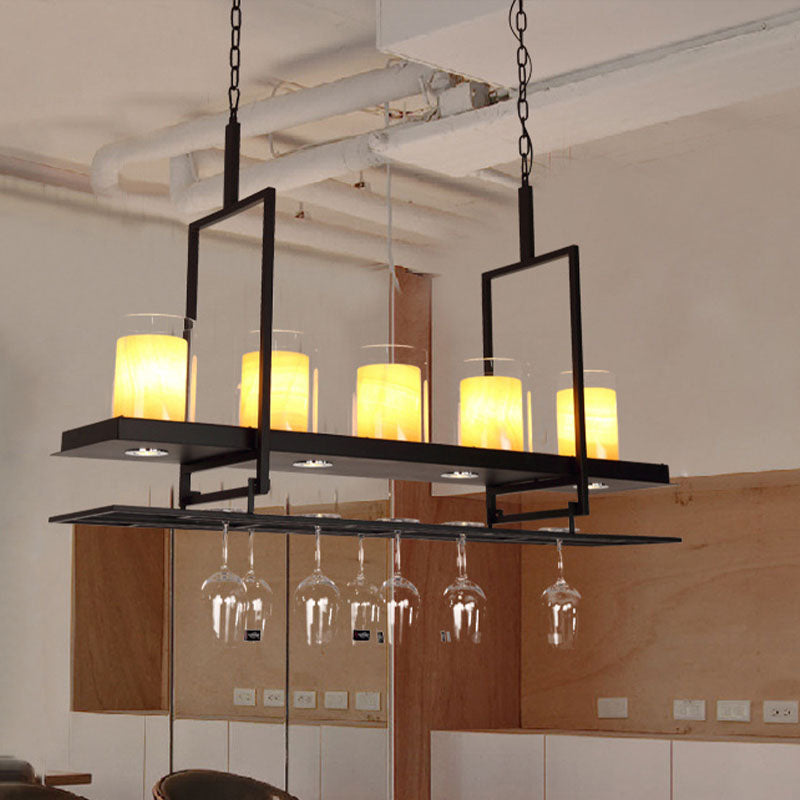 3/5 Heads Cylinder Island Light Traditional Black Marble Pendant Lighting Fixture with Metal Wine Glass Rack Clearhalo 'Ceiling Lights' 'Island Lights' Lighting' 1457187