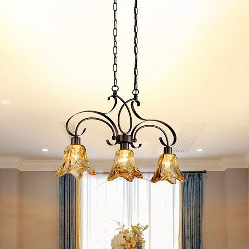 Amber Glass Black Island Lamp Floral 3 Heads Traditionalism Down Lighting Pendant for Dining Room Clearhalo 'Ceiling Lights' 'Close To Ceiling Lights' 'Glass shade' 'Glass' 'Island Lights' Lighting' 1457191