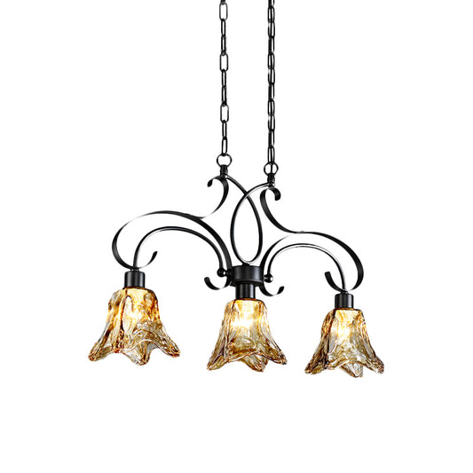 Amber Glass Black Island Lamp Floral 3 Heads Traditionalism Down Lighting Pendant for Dining Room Clearhalo 'Ceiling Lights' 'Close To Ceiling Lights' 'Glass shade' 'Glass' 'Island Lights' Lighting' 1457193