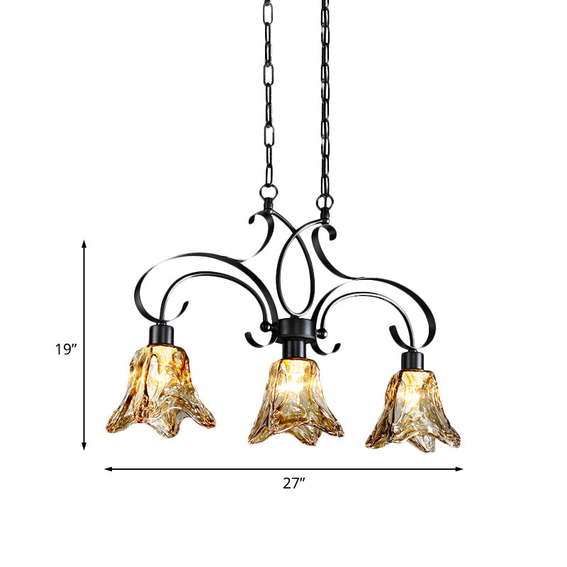 Amber Glass Black Island Lamp Floral 3 Heads Traditionalism Down Lighting Pendant for Dining Room Clearhalo 'Ceiling Lights' 'Close To Ceiling Lights' 'Glass shade' 'Glass' 'Island Lights' Lighting' 1457194
