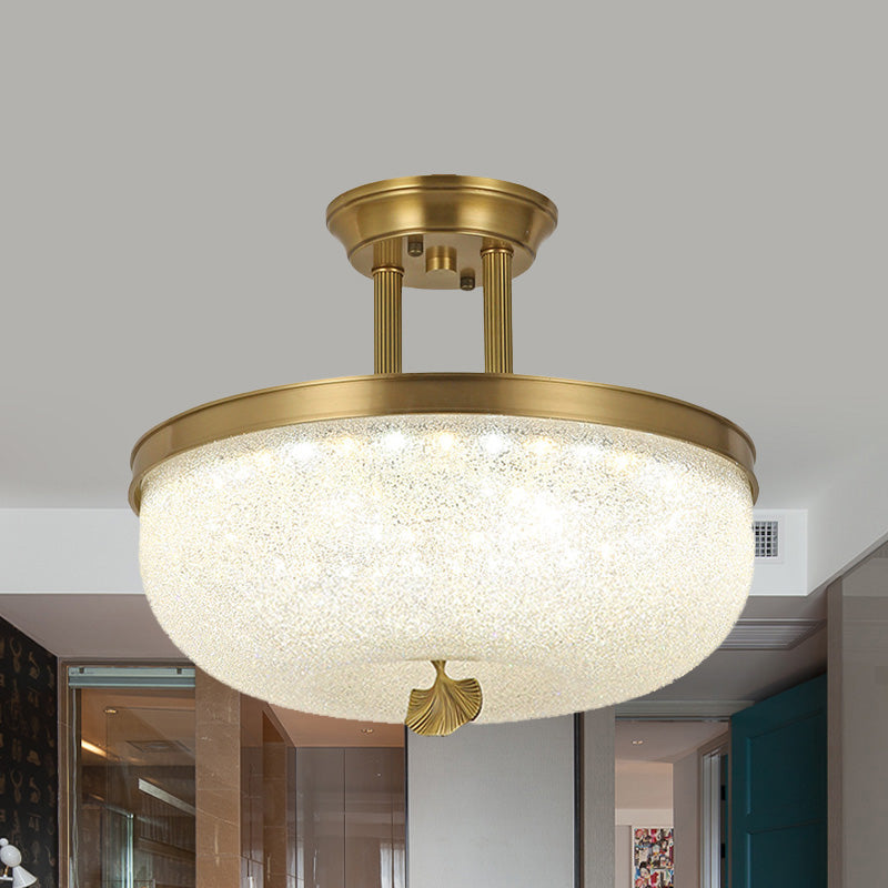 Traditionalism Bowl Semi Flush Mount Frosted Glass LED Close to Ceiling Lighting Fixture in Black/Gold, 12"/16" Width Gold Clearhalo 'Ceiling Lights' 'Close To Ceiling Lights' 'Close to ceiling' 'Glass shade' 'Glass' 'Pendant Lights' 'Semi-flushmount' Lighting' 1457200