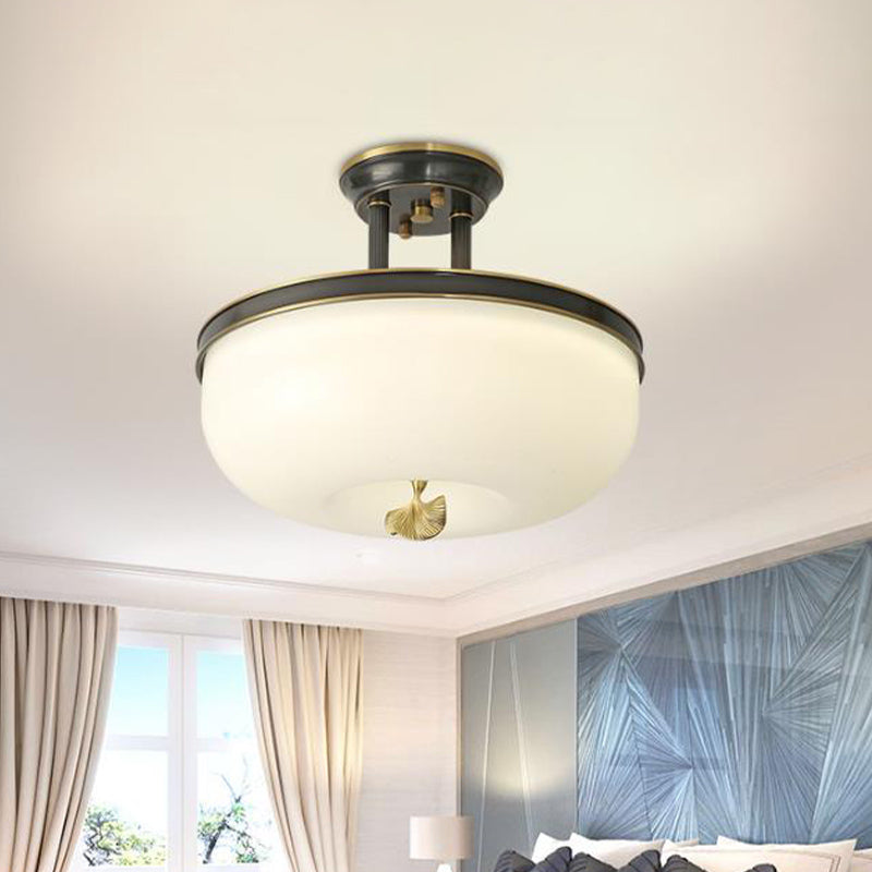 Traditionalism Bowl Semi Flush Mount Frosted Glass LED Close to Ceiling Lighting Fixture in Black/Gold, 12"/16" Width Clearhalo 'Ceiling Lights' 'Close To Ceiling Lights' 'Close to ceiling' 'Glass shade' 'Glass' 'Pendant Lights' 'Semi-flushmount' Lighting' 1457206