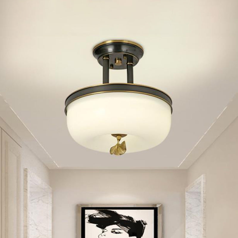 Traditionalism Bowl Semi Flush Mount Frosted Glass LED Close to Ceiling Lighting Fixture in Black/Gold, 12"/16" Width Clearhalo 'Ceiling Lights' 'Close To Ceiling Lights' 'Close to ceiling' 'Glass shade' 'Glass' 'Pendant Lights' 'Semi-flushmount' Lighting' 1457207