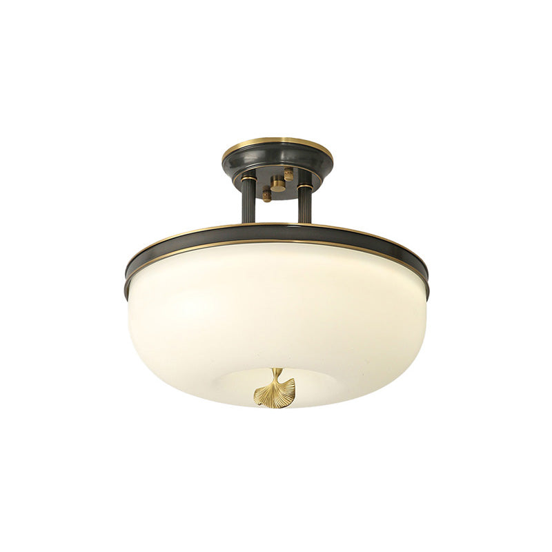 Traditionalism Bowl Semi Flush Mount Frosted Glass LED Close to Ceiling Lighting Fixture in Black/Gold, 12"/16" Width Clearhalo 'Ceiling Lights' 'Close To Ceiling Lights' 'Close to ceiling' 'Glass shade' 'Glass' 'Pendant Lights' 'Semi-flushmount' Lighting' 1457208