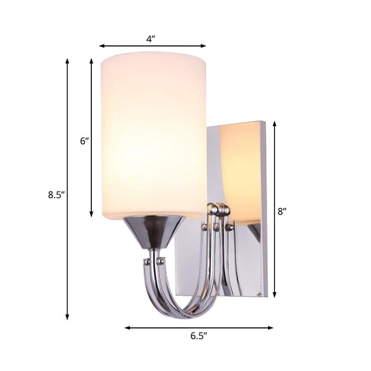 Silver Cylindrical Sconce Lighting Modernist 1 Light White Glass Wall Mounted Lamp with Curved Arm Clearhalo 'Cast Iron' 'Glass' 'Industrial' 'Modern wall lights' 'Modern' 'Tiffany' 'Traditional wall lights' 'Wall Lamps & Sconces' 'Wall Lights' Lighting' 145722