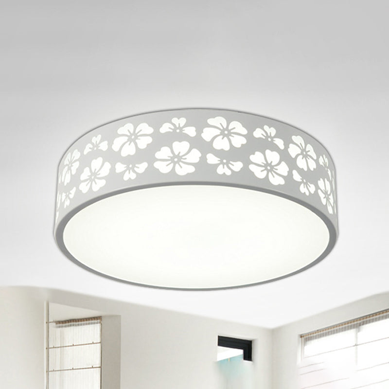 Iron Carved Drum Ceiling Lighting Modernist White LED Flush-Mount Light Fixture with Recessed Diffuser, 12"/16"/19.5" Dia
