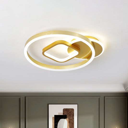 18"/22" Wide Minimal LED Flush Mount Lamp Metal Golden Circle and Square Inner Ceiling Light Fixture in Warm/White Light Clearhalo 'Ceiling Lights' 'Close To Ceiling Lights' 'Close to ceiling' 'Semi-flushmount' Lighting' 1457411
