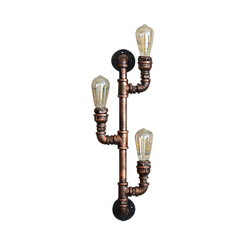 Warehouse Water Pipe Wall Sconce Lamp with Exposed Bulb 2/3 Lights Iron Wall Light Fixture in Weathered Copper Clearhalo 'Art deco wall lights' 'Cast Iron' 'Glass' 'Industrial wall lights' 'Industrial' 'Middle century wall lights' 'Modern' 'Rustic wall lights' 'Tiffany' 'Traditional wall lights' 'Wall Lamps & Sconces' 'Wall Lights' Lighting' 145753