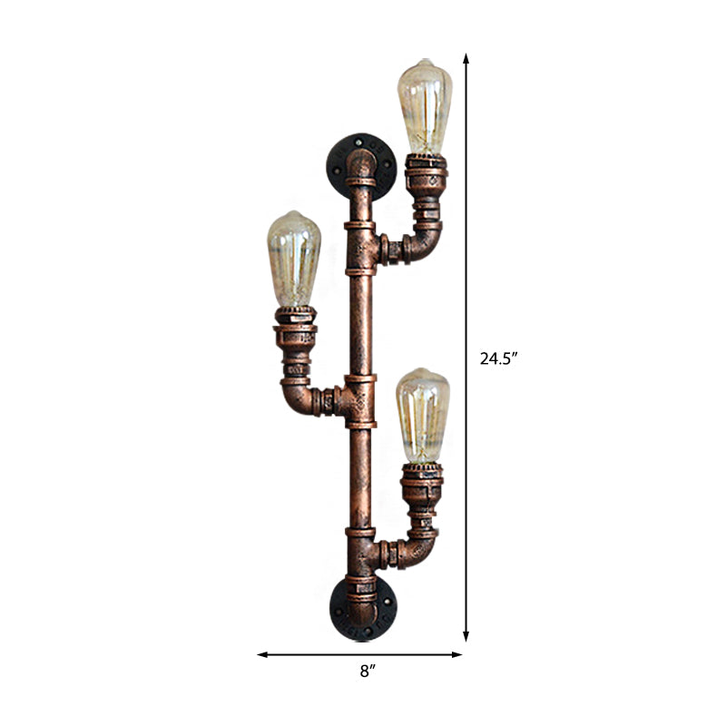Warehouse Water Pipe Wall Sconce Lamp with Exposed Bulb 2/3 Lights Iron Wall Light Fixture in Weathered Copper Clearhalo 'Art deco wall lights' 'Cast Iron' 'Glass' 'Industrial wall lights' 'Industrial' 'Middle century wall lights' 'Modern' 'Rustic wall lights' 'Tiffany' 'Traditional wall lights' 'Wall Lamps & Sconces' 'Wall Lights' Lighting' 145754