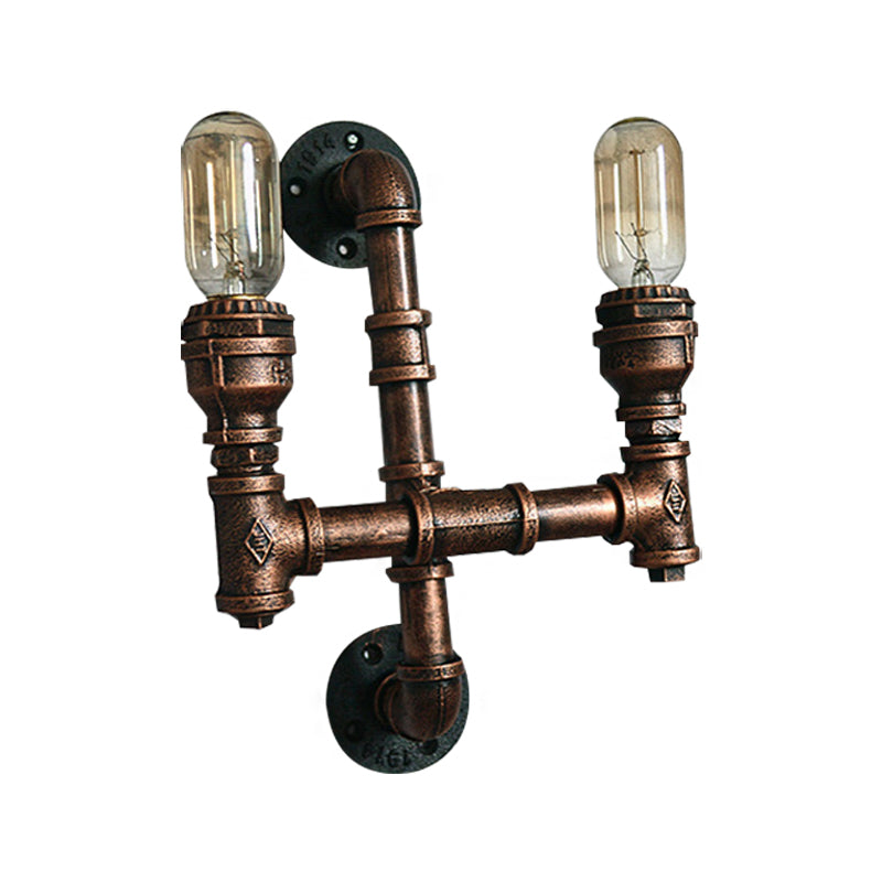 Warehouse Water Pipe Wall Sconce Lamp with Exposed Bulb 2/3 Lights Iron Wall Light Fixture in Weathered Copper Clearhalo 'Art deco wall lights' 'Cast Iron' 'Glass' 'Industrial wall lights' 'Industrial' 'Middle century wall lights' 'Modern' 'Rustic wall lights' 'Tiffany' 'Traditional wall lights' 'Wall Lamps & Sconces' 'Wall Lights' Lighting' 145756