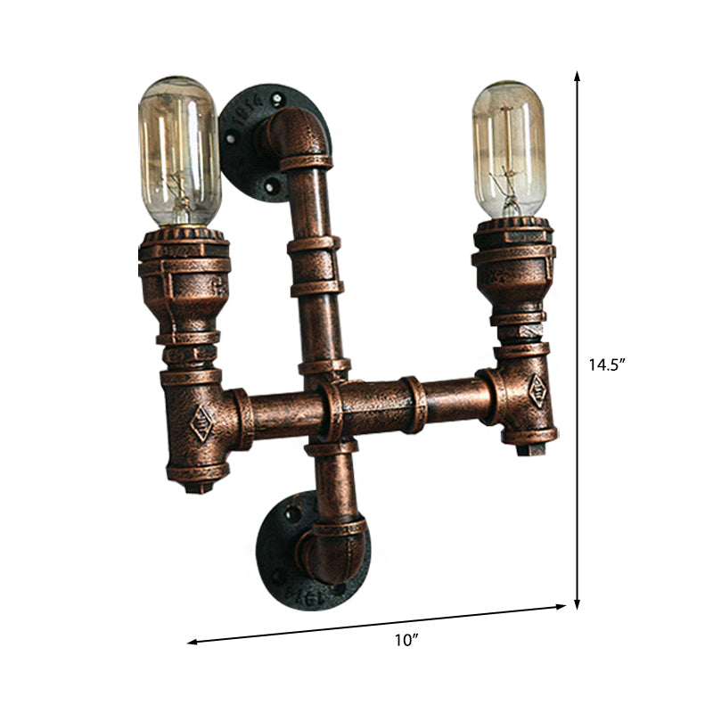 Warehouse Water Pipe Wall Sconce Lamp with Exposed Bulb 2/3 Lights Iron Wall Light Fixture in Weathered Copper Clearhalo 'Art deco wall lights' 'Cast Iron' 'Glass' 'Industrial wall lights' 'Industrial' 'Middle century wall lights' 'Modern' 'Rustic wall lights' 'Tiffany' 'Traditional wall lights' 'Wall Lamps & Sconces' 'Wall Lights' Lighting' 145757