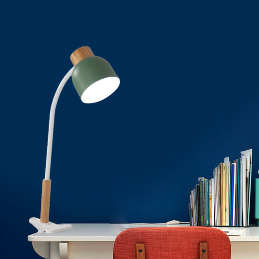 Bowl Shade Studio Clamp Desk Lamp Iron 1-Light Nordic Style Task Light in Green/White and Wood with Flexible Arm Green Clearhalo 'Lamps' 'Table Lamps' Lighting' 1457612