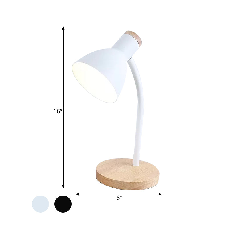 Flexible Gooseneck Night Light Modern Metallic 1 Head Black/White Table Lighting with Bowl Shade and Wood Round Base Clearhalo 'Lamps' 'Table Lamps' Lighting' 1457624