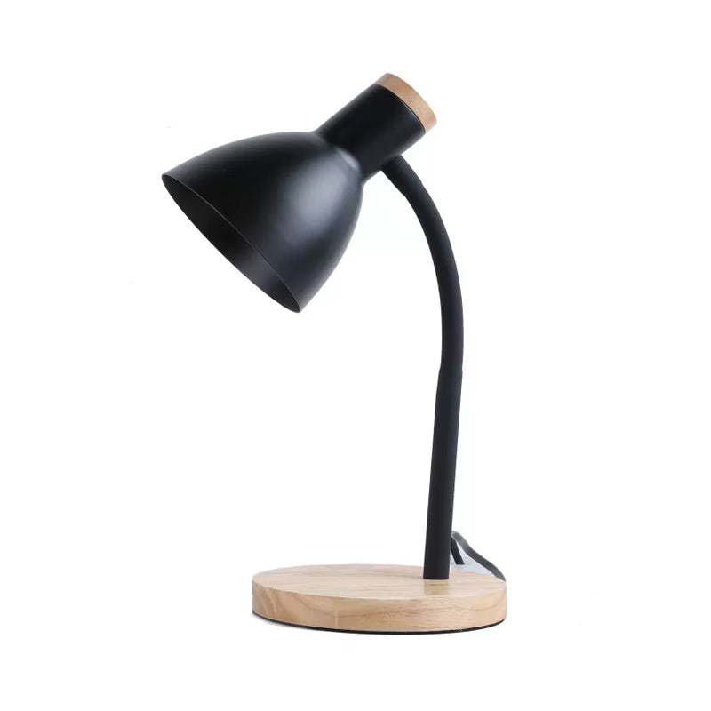 Flexible Gooseneck Night Light Modern Metallic 1 Head Black/White Table Lighting with Bowl Shade and Wood Round Base Clearhalo 'Lamps' 'Table Lamps' Lighting' 1457627